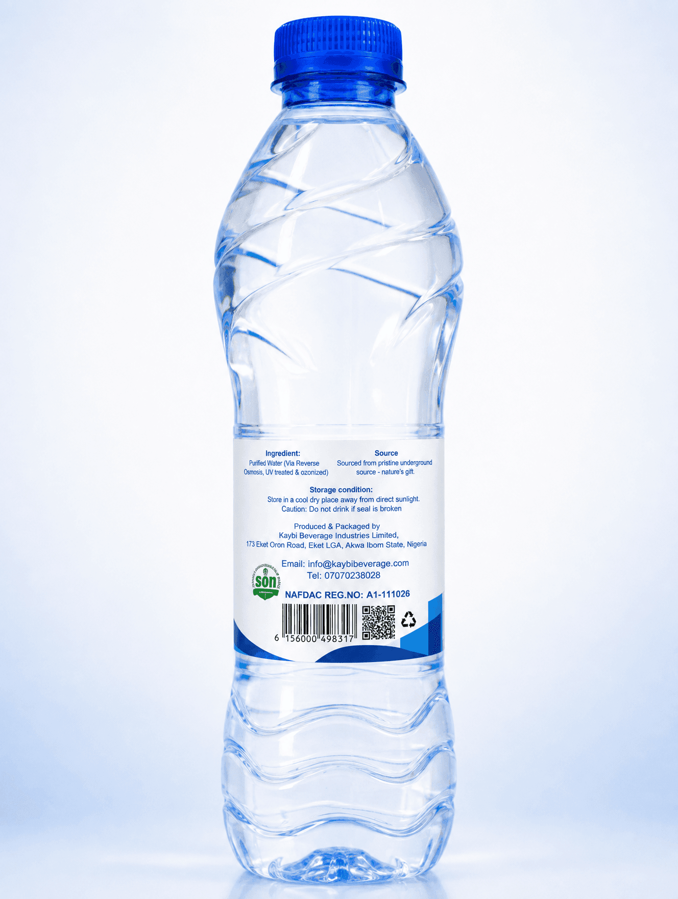 Back label of a genuine Kayora 75cl bottle — showing NAFDAC Reg. A1-111026, SON MANCAP certification, batch code, and QR code