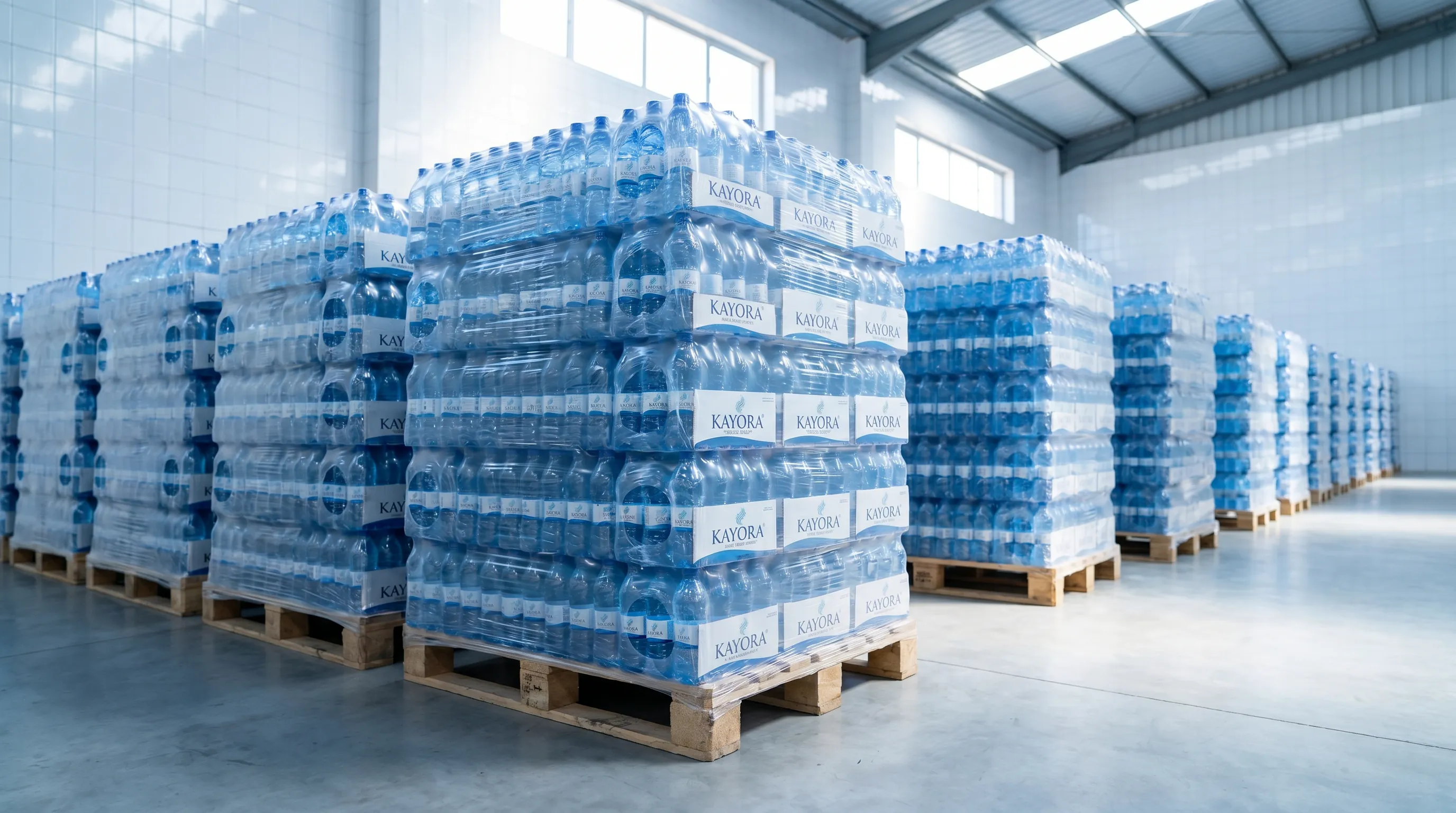 Kayora water palletised at the Eket warehouse — ready for distribution across Akwa Ibom and South-South Nigeria