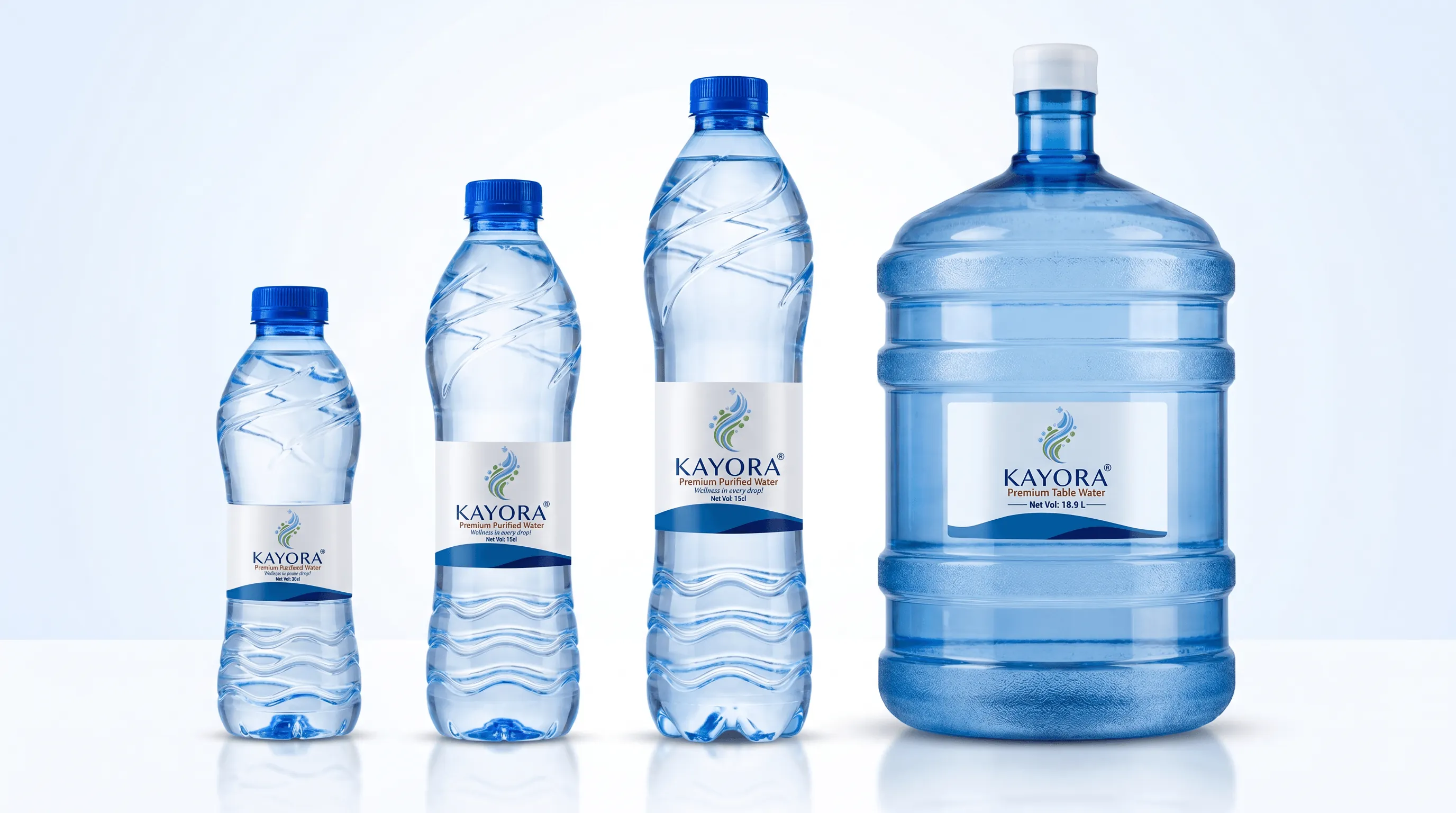 Kayora Premium Purified Water — full product range: 30cl, 50cl, 75cl and 18.9L